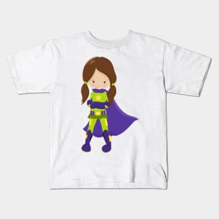 Superhero Girl, Cute Girl, Brown Hair, Purple Cape Kids T-Shirt